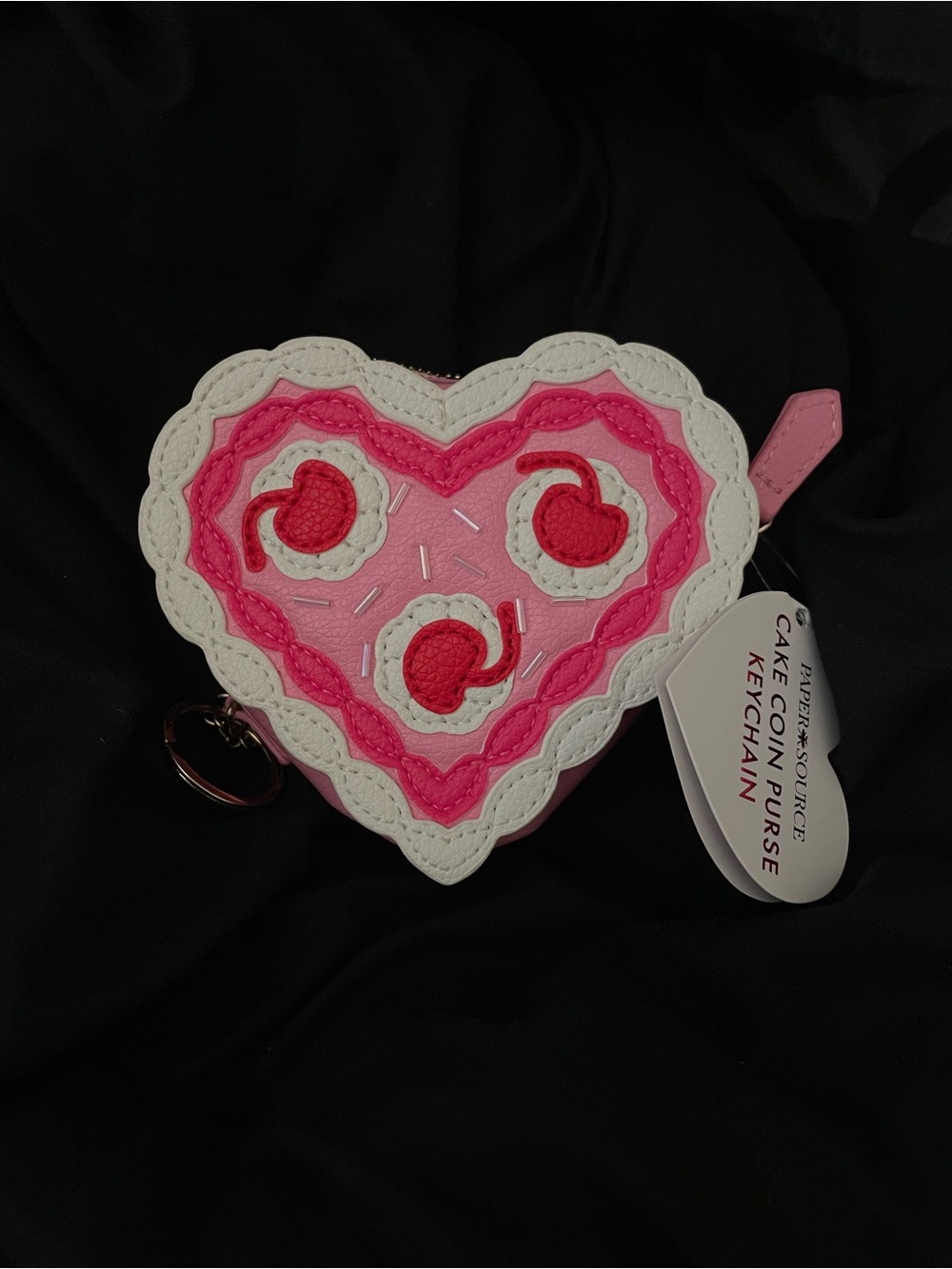 Paper Source Heart-Shaped Cherry Cake Coin Purse Keychain in Pink and White